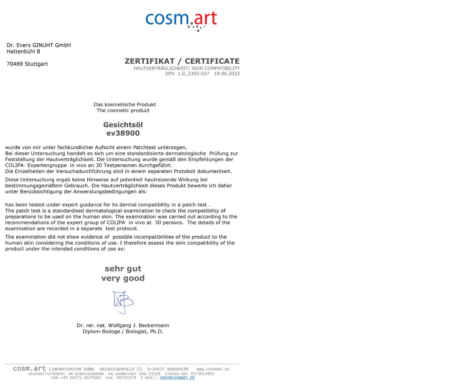 Zertifikat Gesichsoel